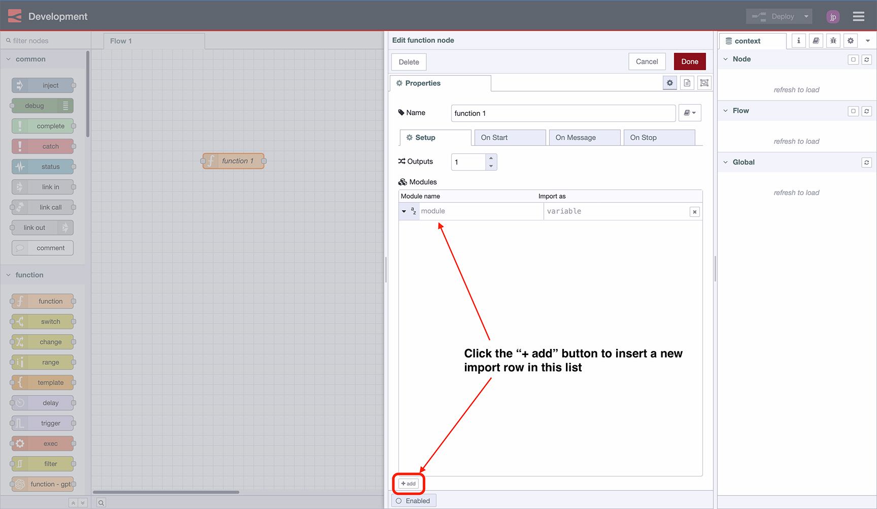 Location of the "add" button in order to import an npm module intoa  function node